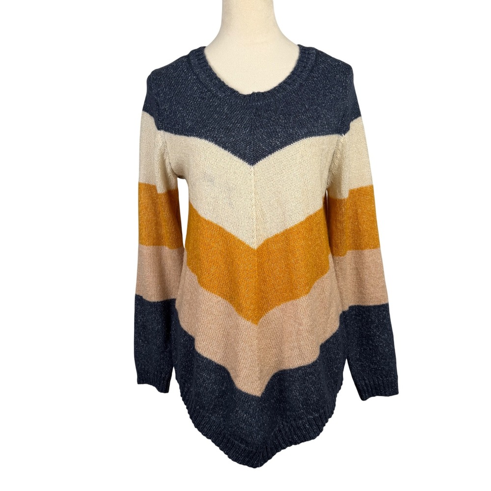 Sweater Womens Large Chevron Stripe Sharkbite Hem Multicolor Boho Fall Casual